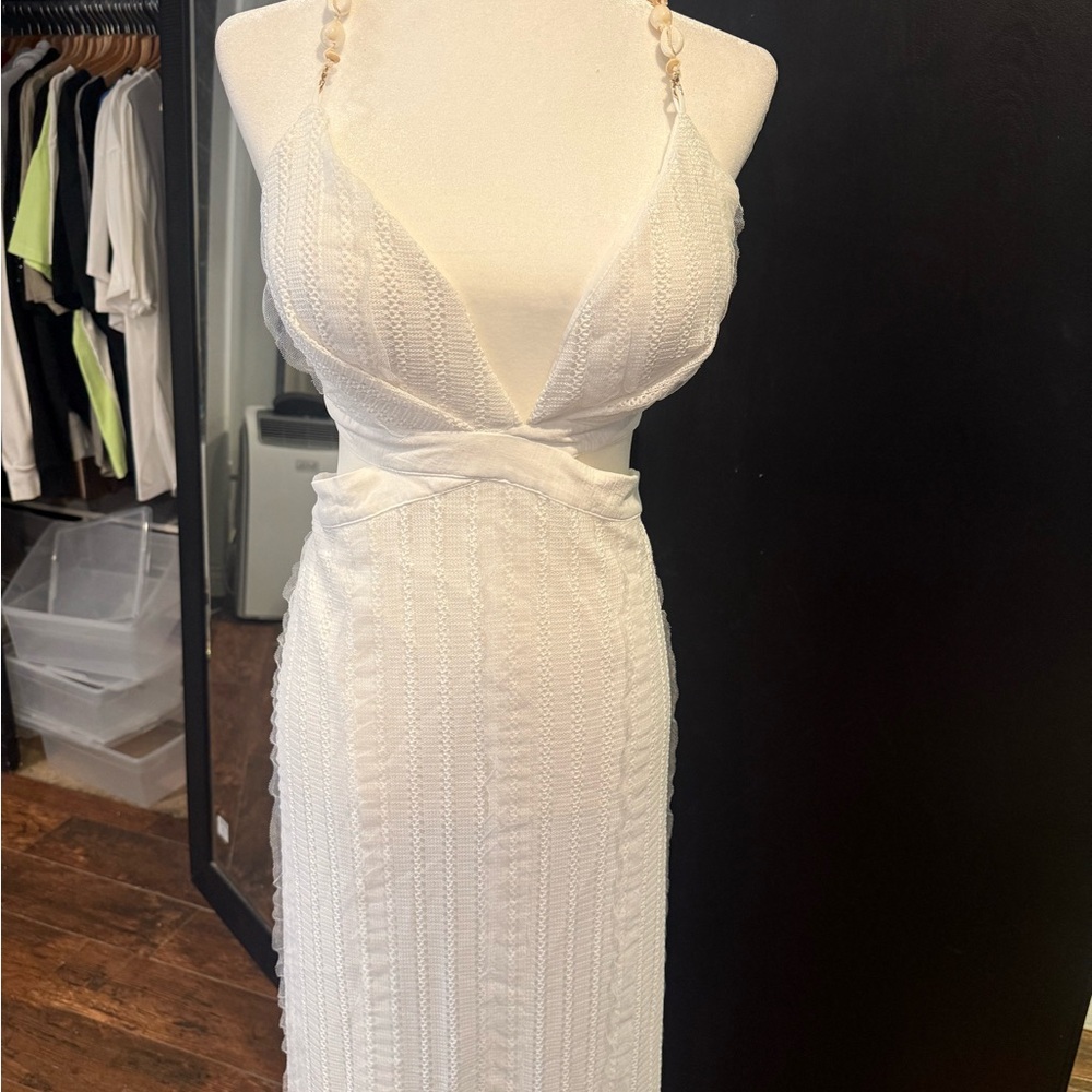 Fashion Nova White Strapless Crochet Maxi Dress